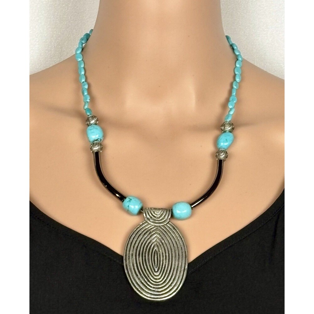 Boho Turquoise Beaded Necklace with Silver-Tone Pendant